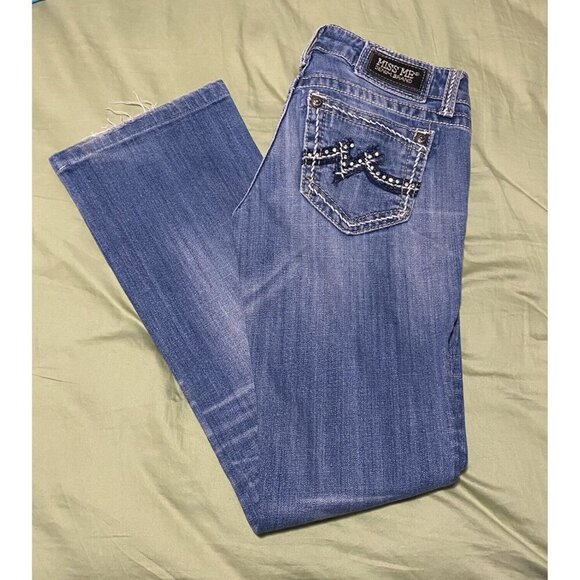 Miss Me JD1037B Boot Embroidered Thick Stitching Blue Denim Jeans Women's 27 - Picture 1 of 4
